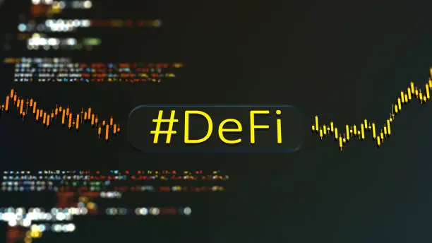 This image represents Decentralized Finance (DeFi), a financial technology based on secure distributed ledgers similar to those used by cryptocurrencies. It removes the need for central authorities like banks or government agencies to operate financial
